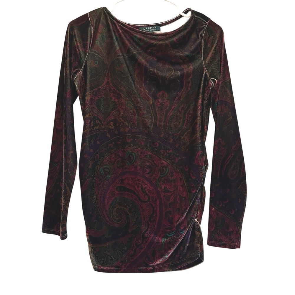 Lauren Ralph Lauren LRL Velvet Tunic Top Sz S Paisley Print Dark Romantic Gothic